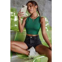 Kadın Yeşil Kare Yaka Crop Top Bluz