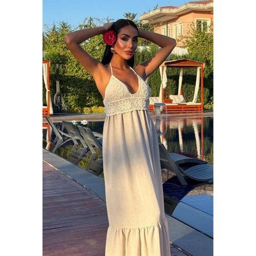 Göğsü Trikolu Keten Uzun Elbise 2904-08