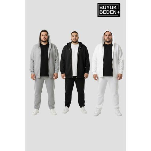 Erkek Büyük Beden Fermuarlı Kapüşonlu 3 lü Set ince Sweatshirt Hırka - Rahat Kalıp SPR26BHR960+3