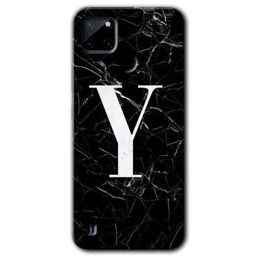 Realme C21 Kılıf HD Desen Baskılı Arka Kapak + Temperli Cam - Siyah Mermer Desenli Y Harfi