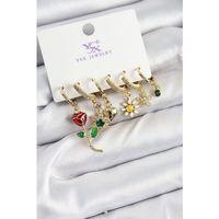 Pirinç Zİrkon Taşlı Gül Ve Papatya Model Gold Renk 3'lü Çift Kadın Küpe