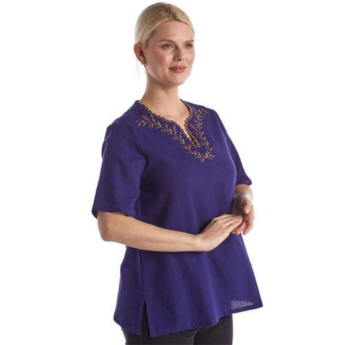 Şile Bezi Kısa Kol Mor Nakışlı V Yaka Yazlık Otantik Bluz