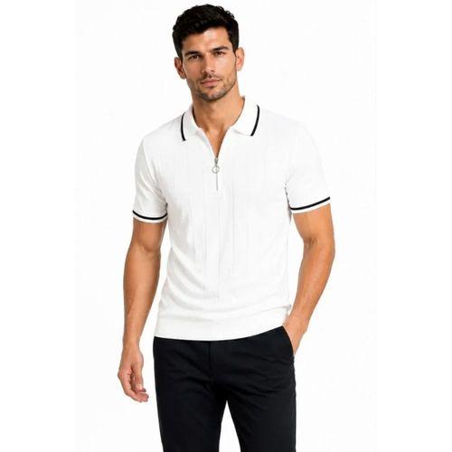Erkek Fitilli Triko T-shirt Polo Yaka Yarım Fermuarlı Kısa Kollu Tişört - Beyaz