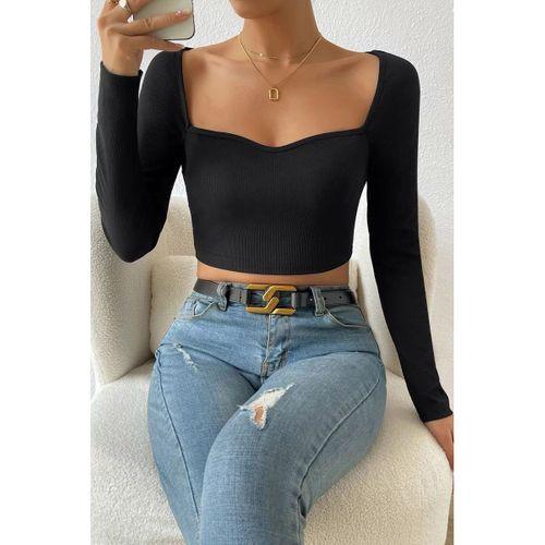 Kadın Siyah Uzun Kol Göğüs Dekolteli Şık Crop Top Bluz
