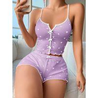 Lila Üstüne Beyaz Kalp Desenli Askılı Şortlu Pijama Takımı