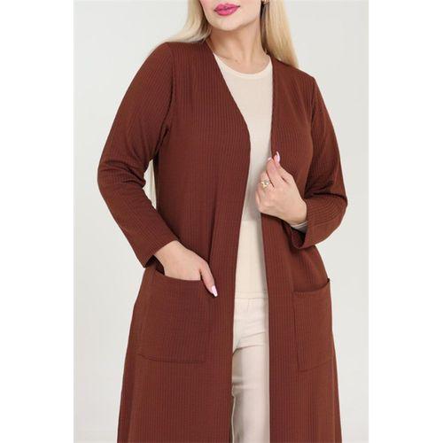 Melsay Butik Büyük Beden Tarçın Dokulu Örme Kumaş Uzun Kadın Hırka