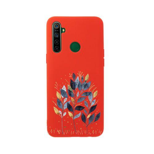 Oppo Realme 5i Mavi Yaprak Desenli Premium Silikonlu Kırmızı Telefon Kılıfı