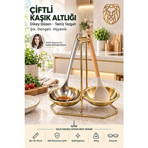 Gold Çiftli Kepçe Kaşık Altlığı Dikey Tezgah Üstü Kaşıklık Standı 18/10 304 Paslanmaz Çelik 723676