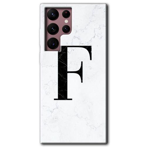 Samsung Galaxy S22 Ultra Kılıf HD Desen Baskılı Arka Kapak + Temperli Cam - Beyaz Mermer Desenli F Harfi