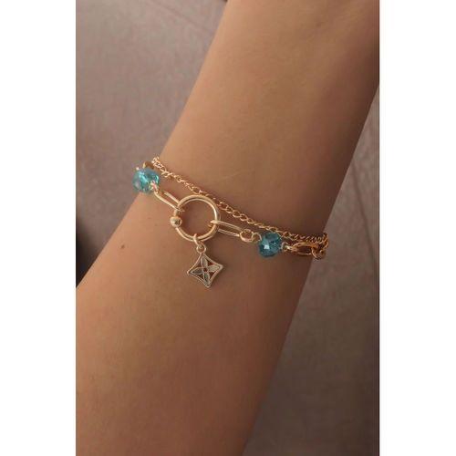 Gold Renk Yonca Figür Mavi Kristal Boncuk Detay Kadın Bileklik