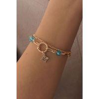 Gold Renk Yonca Figür Mavi Kristal Boncuk Detay Kadın Bileklik