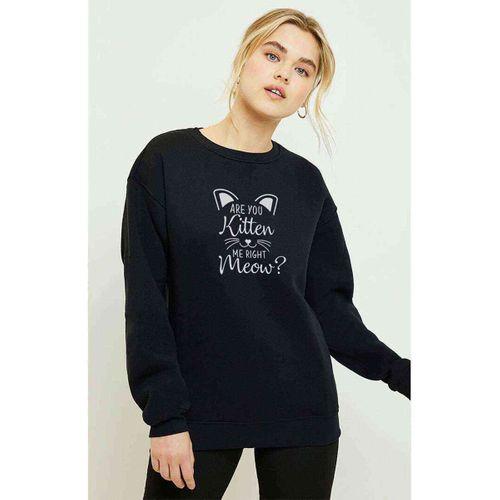 Are You Kitten Me Right Meow Baskılı Siyah Kadın Sweatshirt