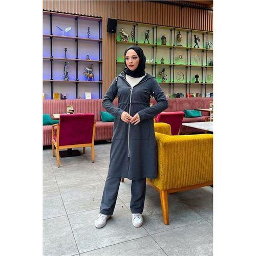 Kapşonlu Belden Bağlamalı Fermuarlı Sade Basic Uzun Tunik ve Pantolon İkili Spor Takım - 03065.017 - Antrasit
