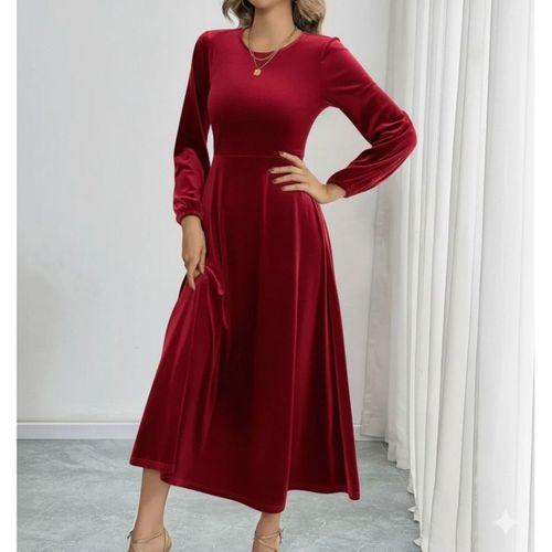 Kadın Uzun Kollu Bisiklet Yaka Midi Kadife Elbise