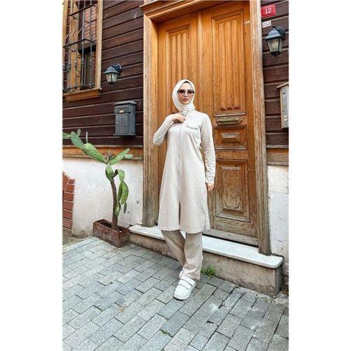 Fermuarlı Uzun Tunik Pantolon Spor İkili Takım - 03058.027 - Ekru