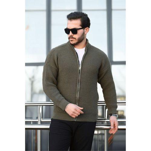 Oversize Selanik Örme Fermuarlı Erkek Hırka- Haki