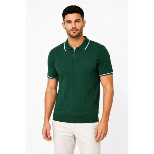 Erkek Fitilli Triko T-shirt Polo Yaka Yarım Fermuarlı Kısa Kollu Tişört - Yeşil