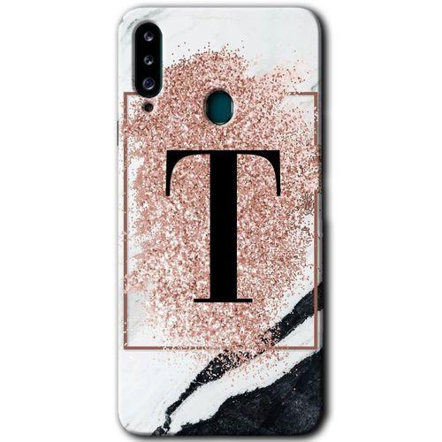 MRCİLETİSİM Samsung Galaxy A20s Kılıf HD Desen Baskılı Arka Kapak + Temperli Cam - Pembe Mermer Desenli T Harfi