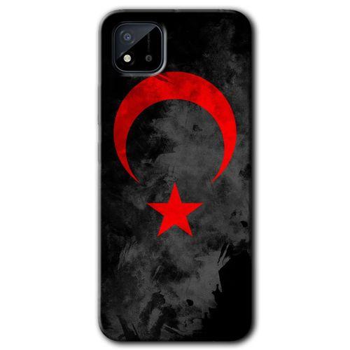 Realme C11 Kılıf Baskılı Kapak - Black Ayyıldız + 5D Tam Kaplayan Cam