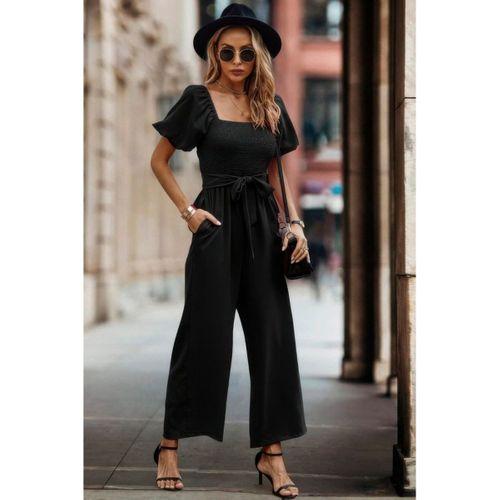 Kadın Kısa Kollu Kare Yakalı Göğsü Gipeli Belden Kuşaklı Uzun Janjan Tulum