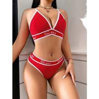 Kadın Kırmızı Love Yazı Detaylı Zarif Bikini Mayo Takımı Özel Tasarım