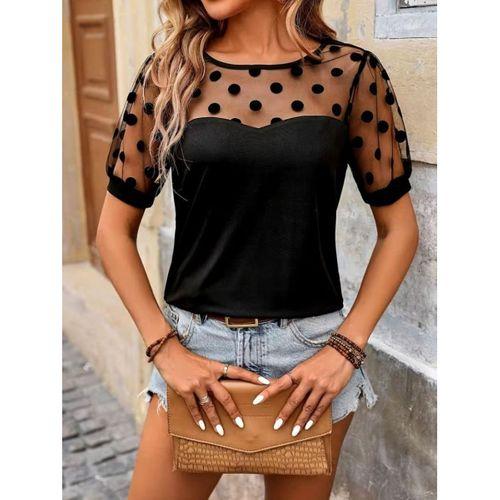 Kadın Kısa Kollu Bisiklet Yakalı Kolları Puantiyeli Viskon Bluz