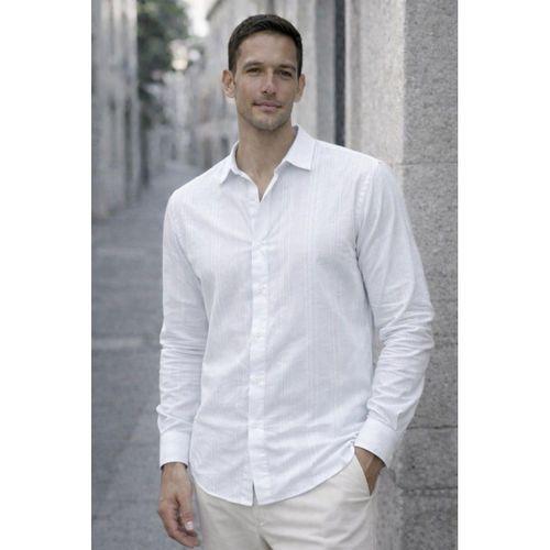 Proust Çizgili İnce Modal Kumaş Uzun Kollu Yazlık Erkek Gömlek - Ekru