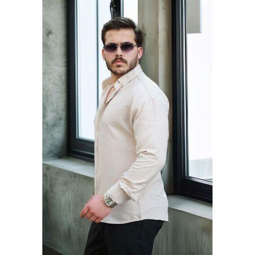 Yumuşak Dokulu Yarım Oversize Erkek Gömlek - Bej