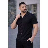 Erkek Waffle Kumaş Kısa Kollu Düğmeli Açık Yaka Regular Fit Gömlek - Siyah