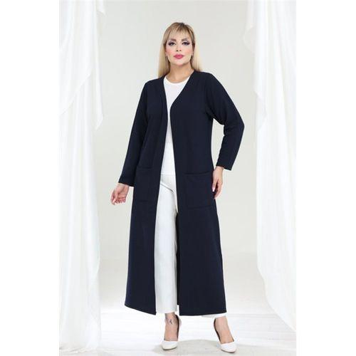 Melsay Butik Büyük Beden Lacivert Dokulu Örme Kumaş Uzun Kadın Hırka