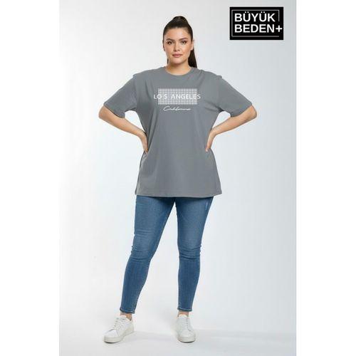 Süperlife Kadın Büyük Beden Los Angeles Baskılı 3xl-6xl Bisiklet Yaka Tshırt SPR26BTSK510-18