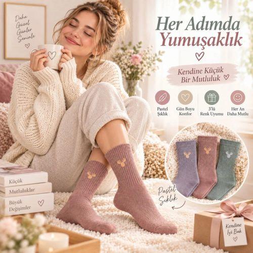 Kadın Geyik Nakışlı Fitilli Soket Çorap 3’lü – Yumuşak Dokulu Pastel Renk Günlük Çorap Seti