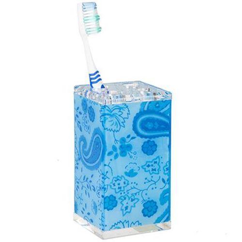 2 Adet Diş Fırçalık Mavi Çiçekli Akrilik 6X6X12Cm Banyo Seti
