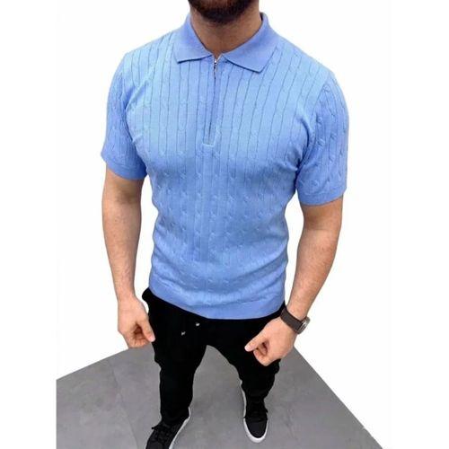 Erkek Yazlık Triko Saç Örgü Tişört Kısa Kol Polo Yaka Fermuarlı T-Shirt - Bebe Mavisi
