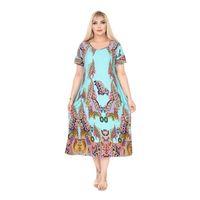 Melsay Butik Turkuaz Şal Desen Kuplu Cepli Kısa Kol Kadın Midi Elbise