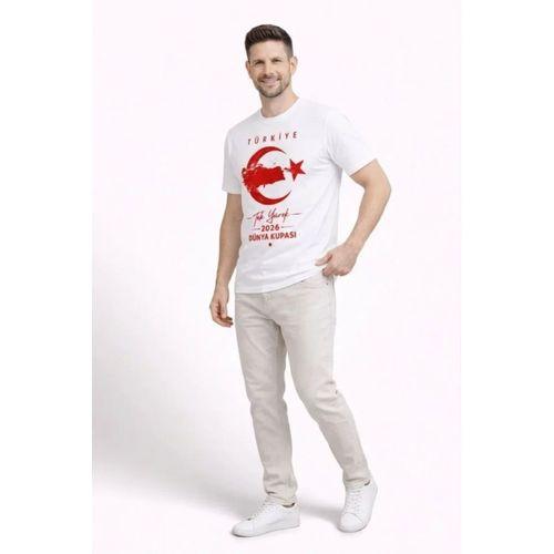 Erkek TÜRKİYE Ay Yıldız Baskılı Taraftar Forma T-Shirt - Beyaz