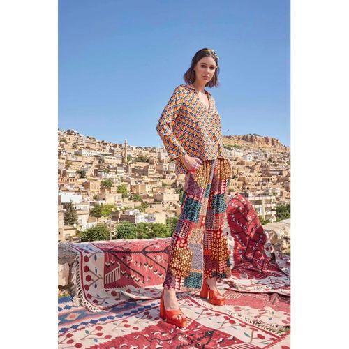 Etnik Desenli Saten Alt Üst Takım