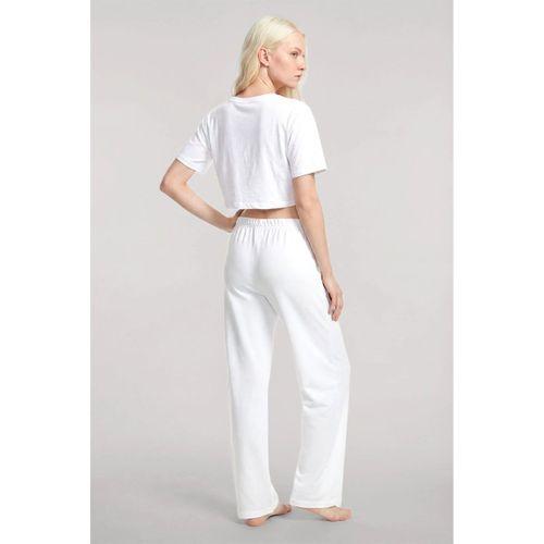Kadın Beyaz Baskılı Crop T-shirt Pantolon Takım Rahat Günlük Kombin 2’li Set