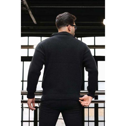 Oversize Gömlek Polo Yaka Selanik Örgülü Erkek Triko Kazak - Siyah