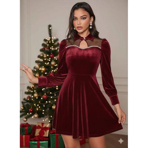 Kadın Uzun Kollu Yakalı Tül Detaylı Incili Mini Kadife Elbise