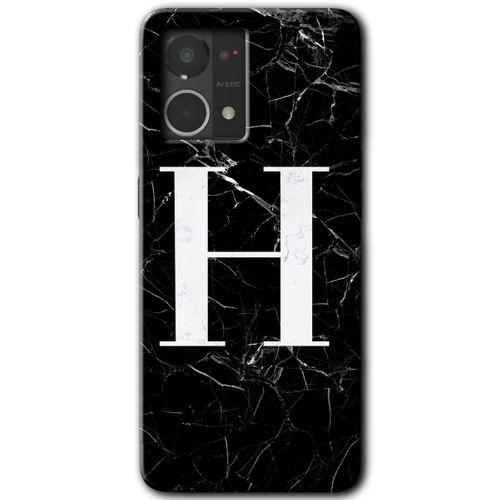Oppo Reno 7 4G HD Baskılı Kılıf + 9D Tam Ekran Koruyucu - Siyah Mermer Desenli H Harfi