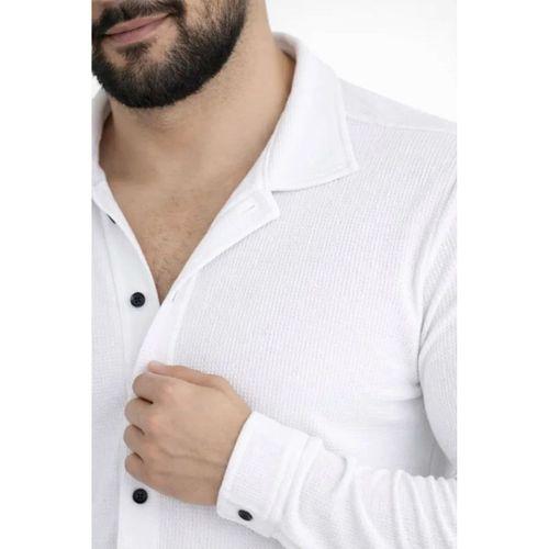 Erkek Waffle Kumaş Uzun Kollu Düğmeli Açık Yaka Regular Fit Gömlek - Beyaz