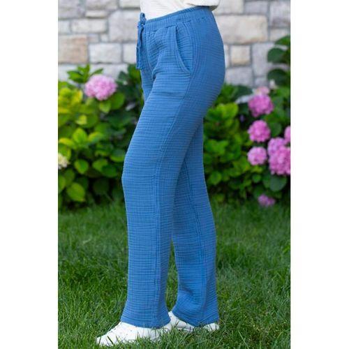 Beli Lastikli Multi Çift Cepli Müslin Kadın/Erkek Unisex Yazlık Pantolon İndigo indg