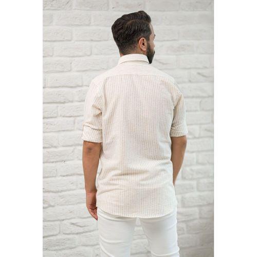 Slimfit Fit Yaka Düğmeli Çizgili Yazlık Gofre Kumaş Erkek Gömlek