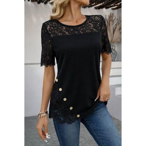 Kadın Kısa Kollu Dantel Detaylı Yandan Düğmeli Waffle Bluz
