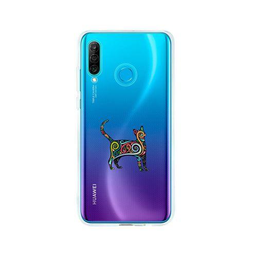 Huawei P30 Lite Kedi Pattern Desenli Premium Şeffaf Silikon Kılıf