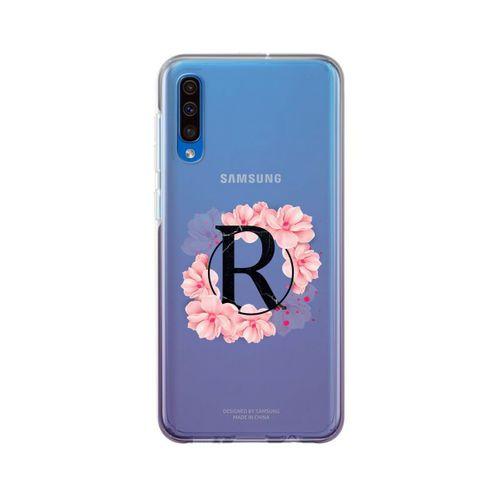 Samsung A50 Pembe Çiçek Desen R Harfli Şeffaf Kılıf