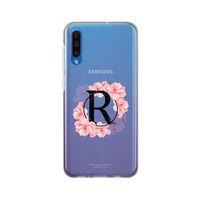 Samsung A50 Pembe Çiçek Desen R Harfli Şeffaf Kılıf