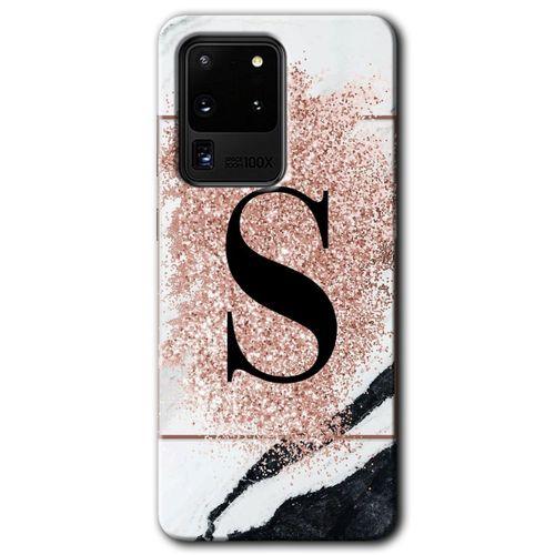 Galaxy S20 Ultra Kılıf HD Desen Baskılı Arka Kapak - Pembe Mermer Desenli S Harfi + Kırılmaz Cam