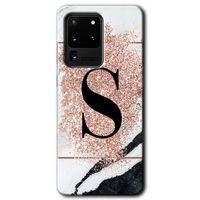 Galaxy S20 Ultra Kılıf HD Desen Baskılı Arka Kapak - Pembe Mermer Desenli S Harfi + Kırılmaz Cam
